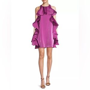 NWT One33 Social Ruffle Shiny Chiffon Halter Minidress FUSCHIA